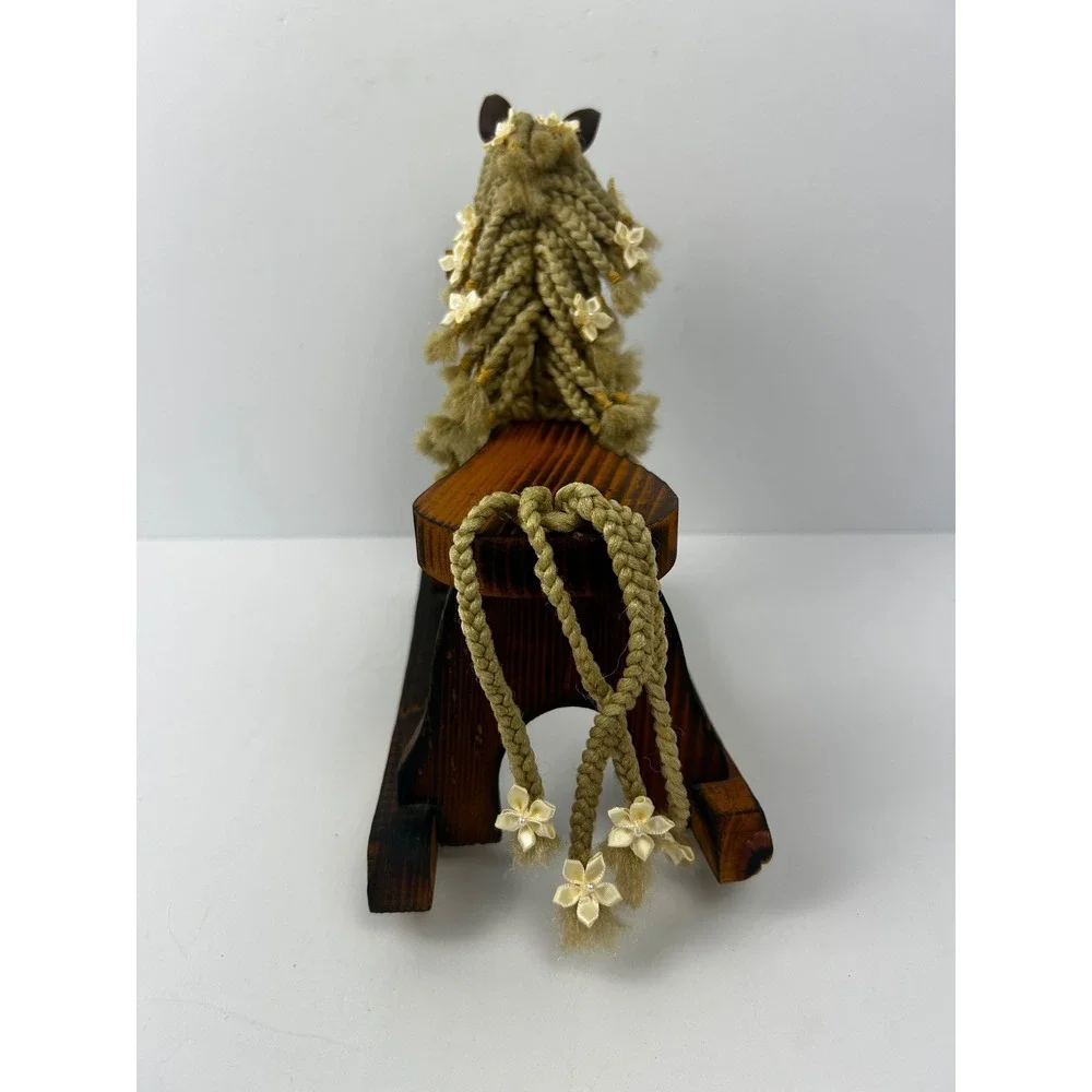 Vintage Handcrafted Wooden Rocking Horse Figurine Braided Yarn Mane Flowers